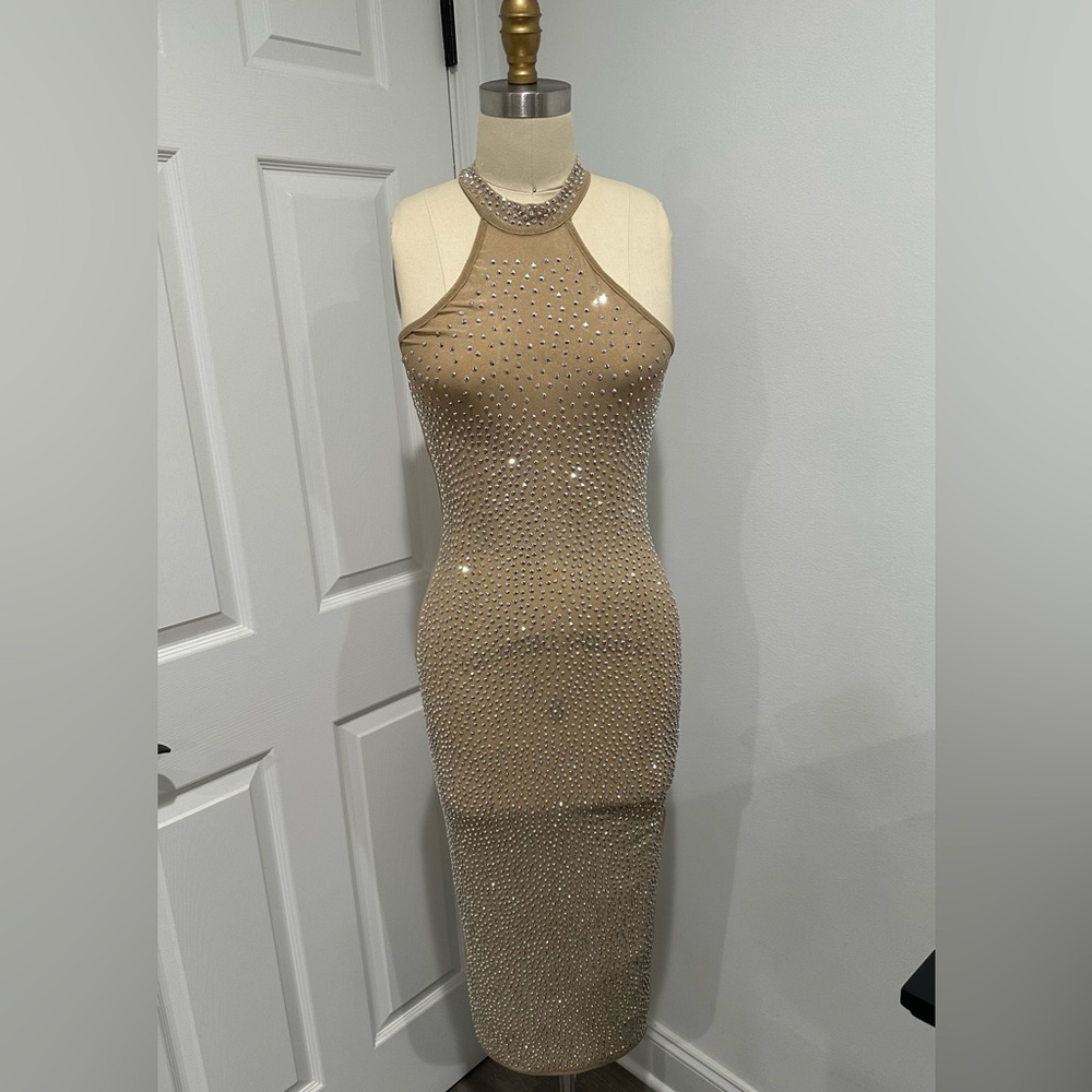 Embellished Tan Sleeveless Midi Dress